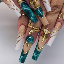 FIEONCIY Press on Nails Coffin Long Glossy Full Cover Acrylic Extra Long Square Green False Nails with Rhinestone Designs Artificial Ballerina Fake Nails with Charm Glue Stick on Fingernails for Women