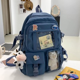 Kawaii Backpack Cute School Backpack Aesthetic Bookbags with Kawaii Pin Accessories for Teen Girls, Blue