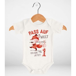 MoonWorks® Baby Bodysuit First Birthday Pass auf Welt ich Bin jetzt 1 Fuchs Short Sleeve Body Organic Cotton, Pass auf Welt 1 Natur