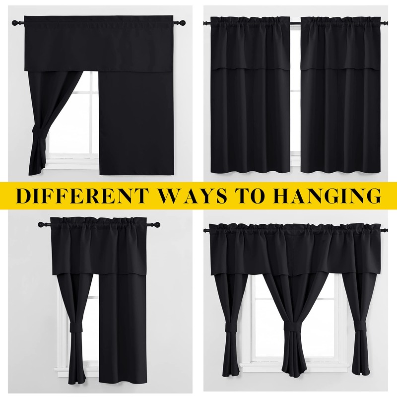 NICETOWN Black Blackout Curtains with Attached Valance, Solid Room Darkening