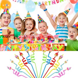 Reusable Colorful Plastic Curly Straws for Kids with Ice Cream Cartoon Design,Pack of 24