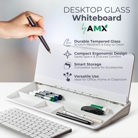 AMX Small Glass Desktop Whiteboard Dry-Erase-Board - Computer Keyboard Stand, White Board Surface Pad with Drawer, Desk Organizers with Accessories for Office, Home, School Supplies
