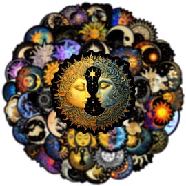 Moon and Sun Stickers for Water Bottle,50 PCS Nordic Style Scrawl Stickers Pack for Suitcase Laptop Phone Luggage Guitar,Waterproof Vinyl Stickers for Teens Girls Children Party Favors