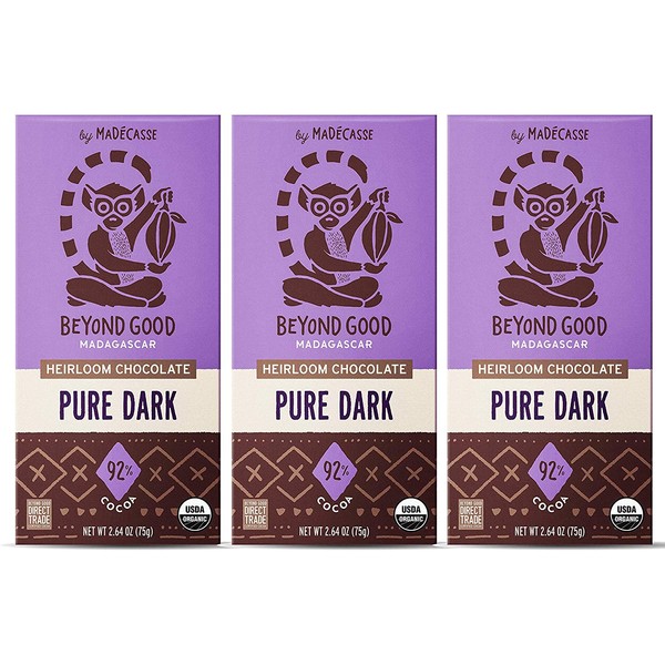 Beyond Good Chocolate Bars | 3 Pack 92% Pure Dark Chocolate | Direct Trade, Organic, Kosher, Non GMO, Gluten Free, Vegan, Soy Free Single Origin Madagascar Dark Chocolate