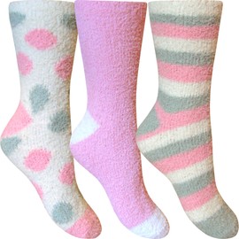 TeddyT's Women's Fluffy Stripes & Polka Dot Co-Zee Thermal Socks (3 Pair Pack) (Pink Cream & Grey Mix)