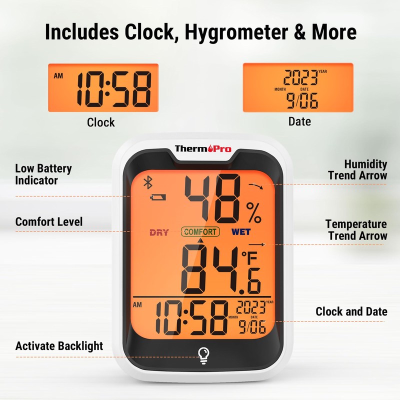 ThermoPro TP358 Bluetooth Thermometer for Room Temperature with Built-in Clock,