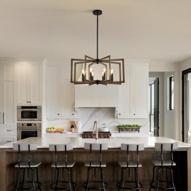 8-Light Metal Geometric Chandelier，Large Kitchen Pendant Lighting Over Island，Farmhouse Dining Room Light Fixture，Wood Grain Finish and Black Modern Chandelier