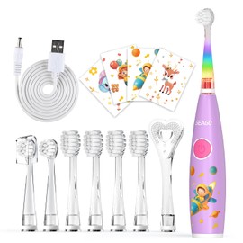 SEAGO Kids Electric Toothbrush with 7 Replacement Brush Heads and 1 Tongue Cleaner with Cute Animal Stickers and 7 Colorful Lights Toddler Electric Toothbrush for Boys Girls 0-6 Years Old