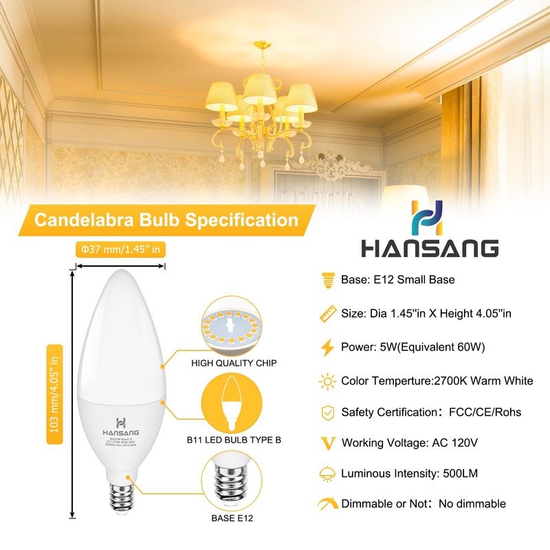 hansang E12 Candelabra LED Bulbs 2700K Warm White, 60Watt Equivalent,