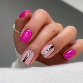 24Pcs Square Press on Nails Medium Length Fake Nails Full Cover False Nails with Silver Glitter Designs Hot Pink Acrylic Nails Glossy Glue on Nails Nude Pink Artificial Nails for Women and Girls