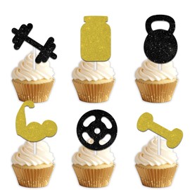 18pcs Black Gold Glitter Fitness Equipment Dessert Cupcake Topper Pick for Gym Fitness Weight Lifting Sports Theme Decor Supplies Men Women Happy Birthday Party Decorations