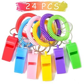 PRLOSO - 24 pulseras de silbato con llavero para niños, regalos de fiesta de plástico, juguetes de silbato a granel