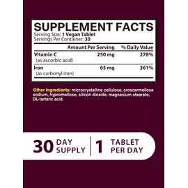 Vitacook Iron Supplement for Women Men | High Potency Iron 65mg with Vitamin C 250mg | Stomach Friendly Iron Pills for Red Blood Cell & Immune Support | Vegan, Non-GMO & Gluten Free | 30 Tabs