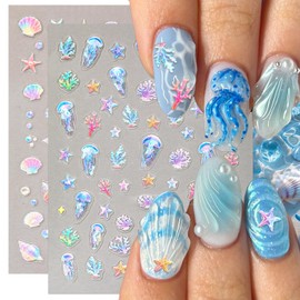 Shell Nail Stickers Jellyfish Nail Decals Starfish Nail Stickers for Nails Art Rainbow Conch Corals Design Summer Colorful Nails Art Sticker for Women Decoration Manicure Supplies 2 Sheet