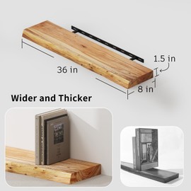 SAUMONIERES Live Edge Floating Shelves for Bedroom Living Room Wall Mounted Storage Long Natural Elm Wood Shelf Large Heavy Duty 8 Inch Deep, 36 inch Set of 2 Narutal Floating Shelves