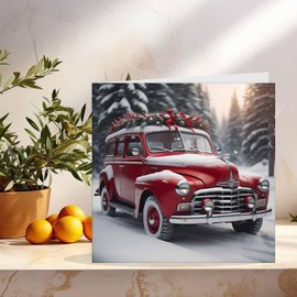 Christmas Car Card Retro Vintage Car 145 x 145mm