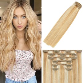 WindTouch Clip in Hair Extensions Human Hair Balayage Golden brown to Blonde Highlights for Blonde 12Inch 70g #27p613 7PCS