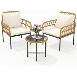 MilleLoom 3 Piece Patio Bistro Set, Outdoor Wicker Table and Chairs Set of 2, All-Weather Rattan Balcony Furniture Set with Cushions for Patio Front Porch Backyard, Poolside Deck, Apartment
