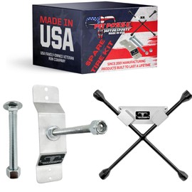 Pit Posse PP3365 Lug Nut Wrench Holder with Spare Tire Carrier Wall Mounted Kit - Made in USA - Enclosed Race Trailer Garage 4 Way Cross Spanner - Tire Iron Hanger Aluminum Utility Storage Organizer