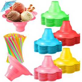 Silkfly 25 Pcs 4 oz Christmas Colorful Flower Snow Cone Cups Paper Umbrellas and Kit Spoon Straws, Shaved Ice Bowls Plastic Ice Cream Snack Small Bowls for Kids Birthday Party Summer Cookout