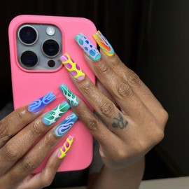 Long Press on Nails Coffin Fake Nails Glossy Colorful Acrylic False Nails with Cute Totem Designs Glue on Nails Full Cover Squoval Artificial Nails for Women 24PCS Y2k Acrylic Nail Kit