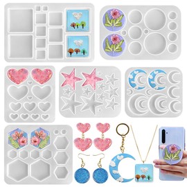 RESINWORLD Multi-Functional Small Silicone Molds Set for Resin, Earrings Resin Molds, Hexagon Round Crescent Moon Pentagram Heart Molds for Keychain Badge Reel Pendant Charm Earrings Jewelry Making