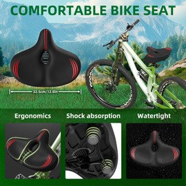 Oversized Bike Seat for Men & Women, Extra Wide Bicycle Seat Cushion, Comfortable Seats Saddle for Exercise Bikes, Mountain Bikes, City Bike, Ebike - RED