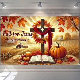 BlissYard Fall for Jesus Banner He Never Leaves Christian Autumn Harvest Decorations 71x43 Inch for Indoor Outdoor Church Home Decor Faith Theme Backdrop For Girls or boys gifts Banners