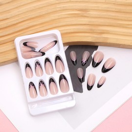 MERVF Almond Press on Nails Medium Fake Nails Black French Tip Glue on Nails Pink Bow Press ons Stiletto Gothic Acrylic False Nails Glossy 24pcs