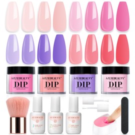 AZUREBEAUTY Pastel Pink Purple Coral Dip Powder Nail Starter Kit, 4 Colors Portable Dipping Powder Set, French Nail Art Base Top Coat Activator Essential Liquid Manicure No Lamp Needed Salon