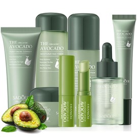 Kit de cuidado de la piel de aguacate de 7 piezas, set de regalo para el cuidado de la piel con limpiador facial, tónico, loción, suero facial, crema facial, crema para los ojos, bálsamo labial para