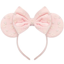 Trnerm Pink Mouse Ears Headband, Heart Beads Fuzzy Bows Cute Hairband for Adult Park Ears Birthday Party Accessories