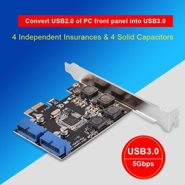 Tosuny Tarjeta PCI-E a USB 3.0, Adaptador de Tarjeta PCI Express 2 Port USB 3.0 con Interfaz 19PIN Frontal Soporte Win XP/ Win7/ Win8/ Win8.1/ Win10
