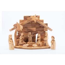 Olive Wood Gifts Shop Handcrafted Olive Wood Nativity Scene/Nativity Set (8.5" Height Crèche - 3.5" Abstract Figurines), Wood Carved Nativity Scene by Talented Christian’s Artists in Bethlehem