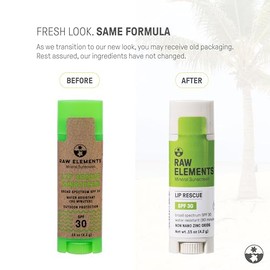 Raw Elements Lip Rescue Certified Natural Sunscreen  Non-Nano Zinc Oxide, 95 Organic, Very Water Resistant, Reef Safe, Non-GMO, Cruelty Free, SPF 30, 