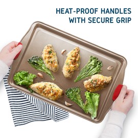 Baking Sheet Set, 3-Piece Cookie Sheet Set with Silicone Handles, Steel Baking Pan, Durable Baking Sheets for Oven, BPA Free Cookie Sheets for Baking Nonstick Set, Premium Sheet Pan, Brown Baking Tray