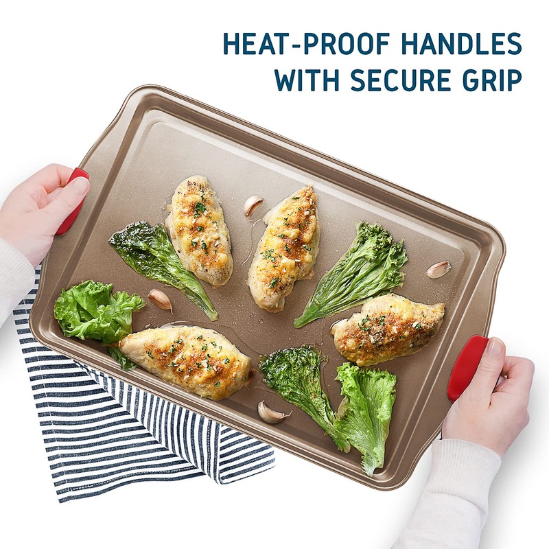 Baking Sheet Set, 3-Piece Cookie Sheet Set with Silicone Handles,
