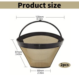 CLKE 2Pcs Reusable Coffee Filter, Universal Permanent Coffee Filter, Washable and Reusable Coffee Filter Cone with Handle and Gold Mesh Coffee Filter, for Most Coffeemakers