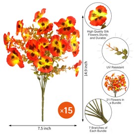 Ouddy Decor 15 Bundles Fake Mums Artificial Fall Flowers for Decorations, Fall Faux Pansy Flowers UV Resistant Fake Plants for Garden Porch Patio Farmhouse Autumn Harvest Thanksgiving Decor, Orange