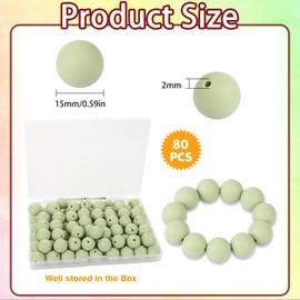 80 Pcs Silicone Focal Beads, CCOZN 15mm Silicone Beads for Pens Rubber Loose Beads for Keychain Making Round Silicone Beads Bulks with Box for Bracelet Necklace DIY Crafts (Matcha Green)