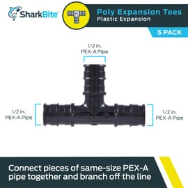 SharkBite 1/2 Inch Poly Expansion Tee for PEX-A Pipe, Pack of 5, Plastic Plumbing Fittings, Tee Coupling for PEX-A Tubing, UA362A5