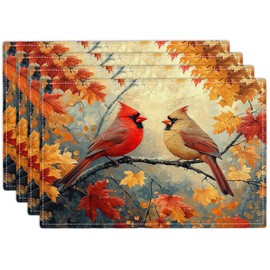 Fall Cardinal Placemats Set of 4, 12x18 Inch Atumun Maple Leaves Table Place Mat Seasonal Leaf Washable Non-Slip Heat Resistant Fabric Placement Mats for Party Dining Kitchen Indoor Outdoor Decor