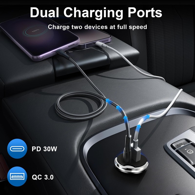 Mini Dual Port Car Charger 48W with 30W PD and