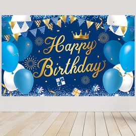 Jeechunlim 180x110 cm Glitter LargeHappy Birthday Backdrops Cloth 71x43 in. Birthday Photography Background Happy Birthday Sign Wall Banner Birthday Celebration Decoration for Men Women (Gold+Blue)