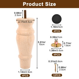5.9 Inch Wooden Furniture Bun Feet Set of 4, Unfinished Rubber Wood Replacement Furniture Legs, M8 Thread, with Mounting Plates Screws Floor Pads for Couch Chair Ottoman Cabinet