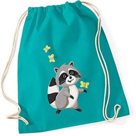 minimutz Gym Bag for Children, Raccoon Willy with Butterflies, Shoe Bag, Sports Bag, Jute Bag for Drawstring for Girls and Boys, Fabric Bag with Cord, turquoise