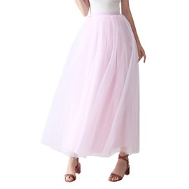 Aivtalk Women's A-Line Long Tutu Tulle Skirt Pink Pleated Layered Mesh Maxi Skirt for Gown Party Prom