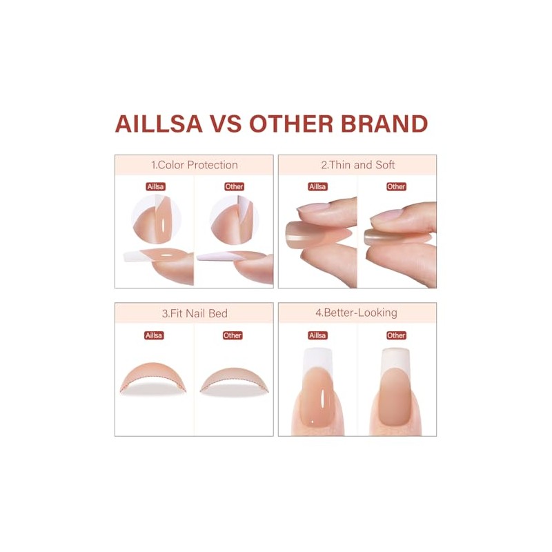 AILLSA Uñas Postizas Francesas de Gel, 180 Unidades, Color Marrón,