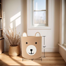 Saiiwnn Baby Laundry Basket, Bear Basket, Baby Shower Baskets, Bear Gift Baskets for Kids, Nursery, Toy Storage, Cotton Rope Hamper with Handles (Light Brown, 13" D x 15" H)