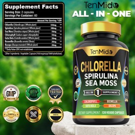 Tenmido Organic Chlorella Supplement for Men and Women, 7in1 Formula with Spirulina, Sea Moss, Chlorophyll, Gotu Kola, Boswellia & Bacopa - Immune Support - Rich in Nutrient, Vitamins - 120 Capsules